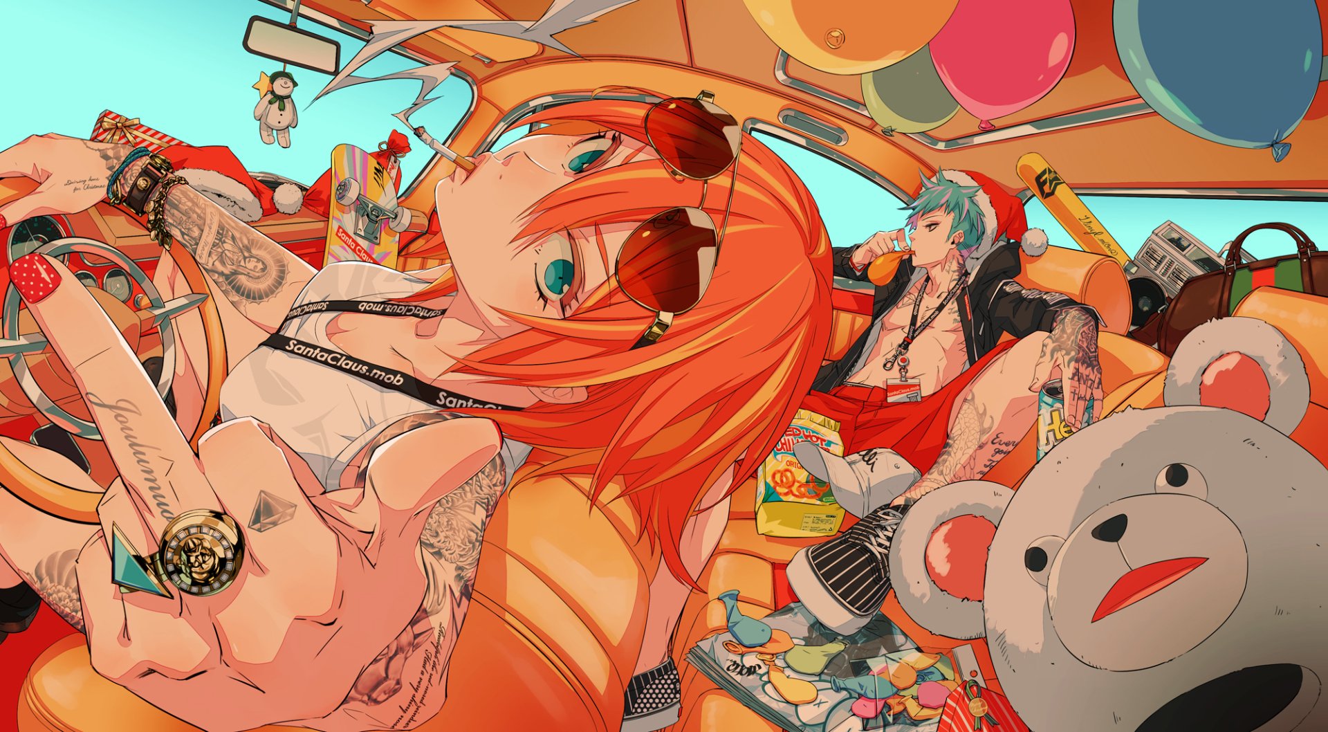 HD anime wallpaper featuring two colorful, tattooed characters in a lively, cluttered car interior with balloons, food, and a large teddy bear.