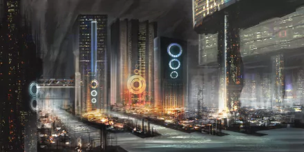 HD PC desktop wallpaper showcasing a futuristic sci-fi city with illuminated skyscrapers and advanced architectural designs under a dark, atmospheric sky.