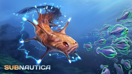 HD Subnautica wallpaper featuring a detailed creature surrounded by smaller marine life in an underwater setting.