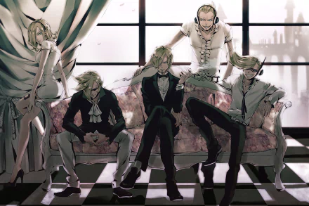 HD PC desktop wallpaper featuring multiple stylish depictions of Sanji from the anime One Piece, set against a dramatic window backdrop with elegant lighting.