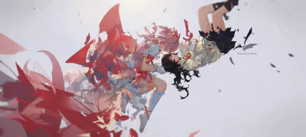 HD anime desktop wallpaper featuring Homura Akemi and Madoka Kaname from Puella Magi Madoka Magica in a dynamic, fragmented art style.