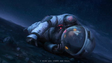 HD desktop wallpaper of an ASTRONEER game scene with an astronaut lying on the ground gazing at a starry sky, captioned I wish you could see this.