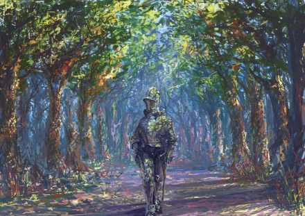 A knight in ornate armor walks through a vibrant forest, enveloped in sunlight filtering through the lush canopy, capturing the essence of fantasy warrior themes in stunning 4K detail.