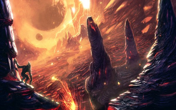 Fantasy Landscape Creature Lightning Lava HD Wallpaper | Background Image