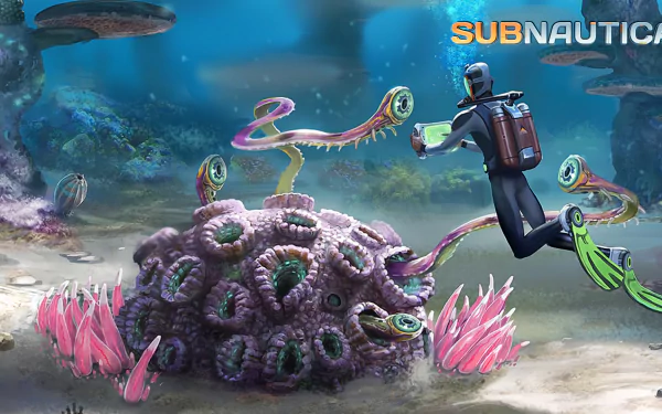 HD desktop wallpaper of Subnautica featuring a diver observing an alien sea creature in an underwater ecosystem.