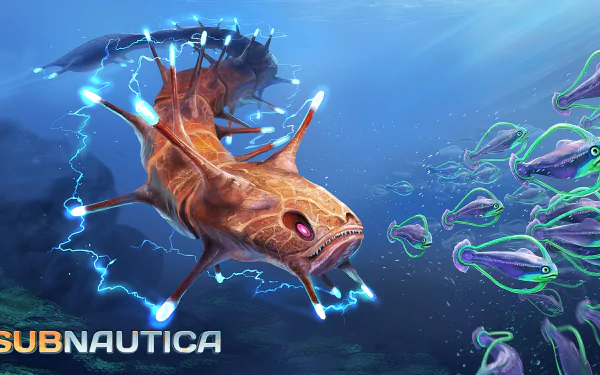 HD Subnautica wallpaper featuring a detailed creature surrounded by smaller marine life in an underwater setting.