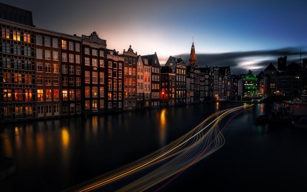 Man Made Amsterdam Cities Netherlands Night Light House Time-Lapse City Canal HD Wallpaper | Background Image