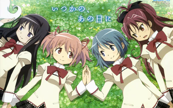Puella Magi Madoka Magica 5K Ultra HD PC desktop wallpaper: Madoka, Homura, Sayaka and Kyoko in school uniforms clasping hands amid sunlit green grass.
