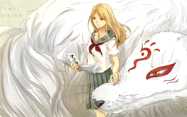 HD desktop wallpaper featuring Reiko Natsume from Natsume Yuujinchou (Natsume's Book of Friends) standing beside a white spirit creature with red markings.