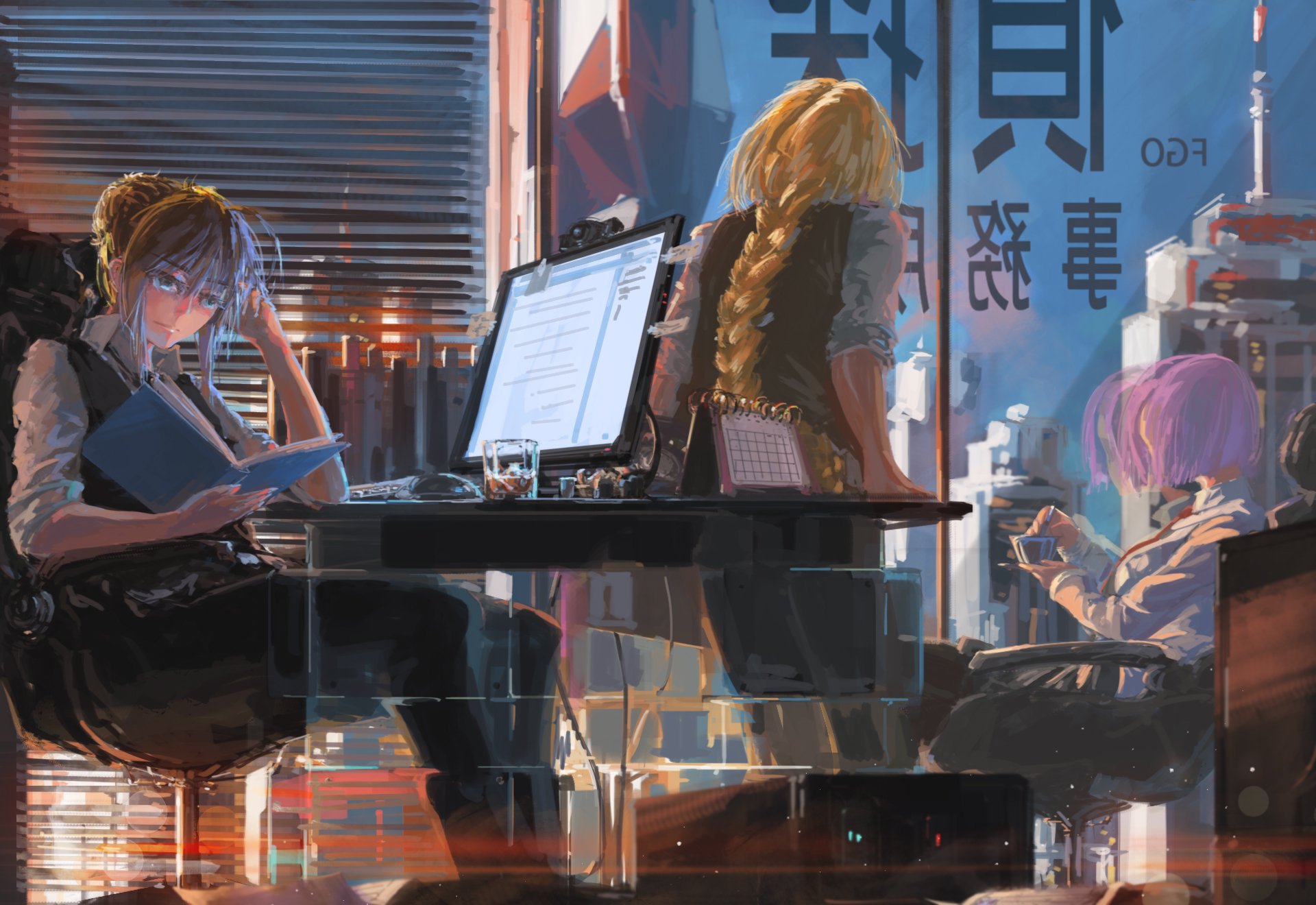 A high-definition desktop wallpaper featuring Jeanne d'Arc, Shielder, Ruler, and Saber from the Fate series. The characters interact in a modern office setting, creating a dynamic and engaging visual scene.