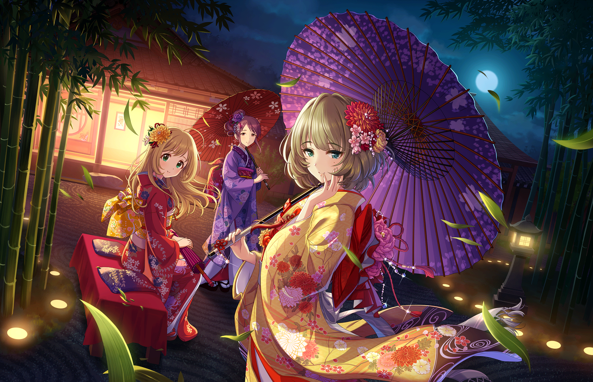 HD PC desktop wallpaper featuring Kaede Takagaki, Miyu Mifune, and Shin Sato from the anime The iDOLM@STER Cinderella Girls in a moonlit, traditional Japanese setting.