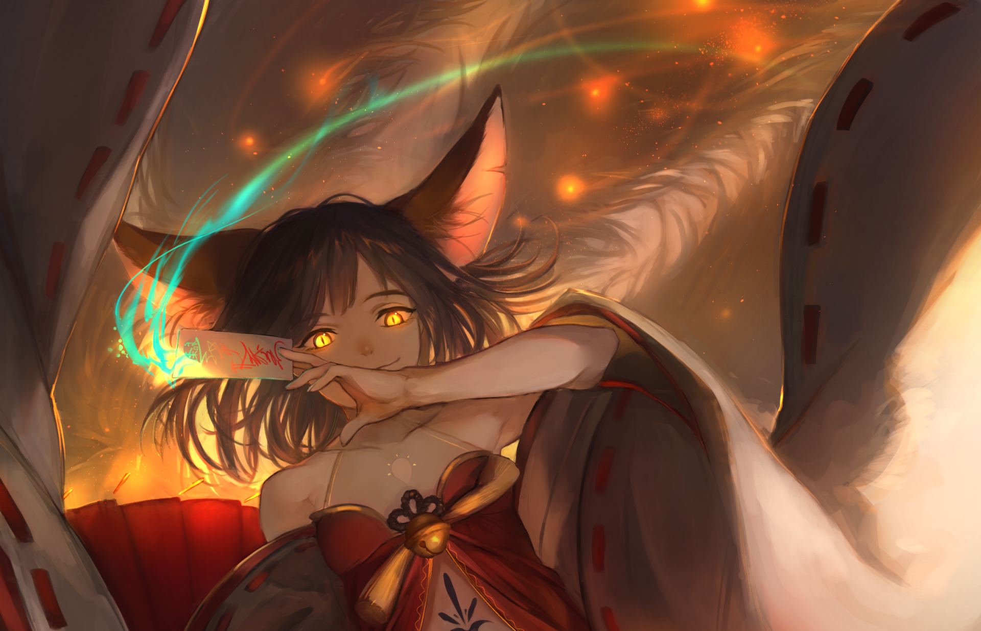 HD anime desktop wallpaper featuring an original character with fox-like ears and glowing eyes, set against a fiery, magical background.