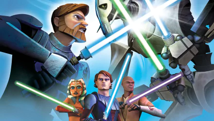 HD desktop wallpaper featuring characters from Star Wars: The Clone Wars (2008) in an action scene with lightsabers.