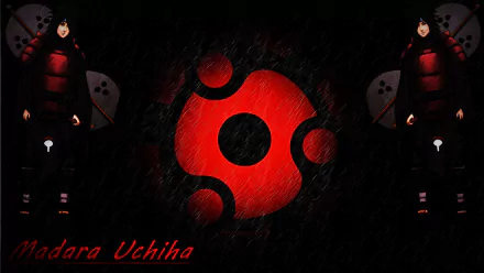 HD desktop wallpaper featuring Madara Uchiha from the anime Naruto, with the Mangekyō Sharingan symbol prominently displayed in red and black.