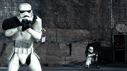 HD PC desktop wallpaper showing two stormtroopers on Sullust from Star Wars Battlefront (2015), one aiming in foreground, another taking cover by a rocky wall.