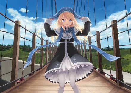 Anime HD PC desktop wallpaper of Magi in Wanchin Basilica: a blonde mage in a blue-trimmed dress stands on a sunlit suspension bridge, ribbons fluttering.