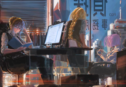 A high-definition desktop wallpaper featuring Jeanne d'Arc, Shielder, Ruler, and Saber from the Fate series. The characters interact in a modern office setting, creating a dynamic and engaging visual scene.