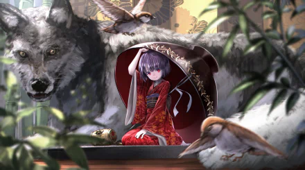 Anime wallpaper featuring Shinmyoumaru Sukuna from Touhou in a red kimono with purple hair and red eyes, surrounded by a large wolf and birds. The vibrant scene is framed as a HD desktop background.