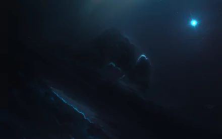 An HD desktop wallpaper featuring a sci-fi cosmos scene with a glowing nebula and a distant star illuminating the dark space.
