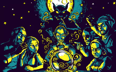 HD desktop wallpaper for Werewolves Within featuring stylized characters and a central moonlit werewolf silhouette.