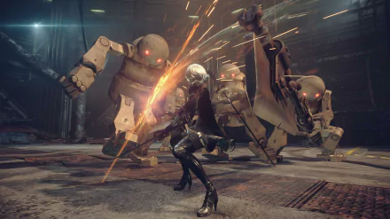 HD wallpaper from NieR: Automata featuring a character battling a robot in a dynamic action scene.