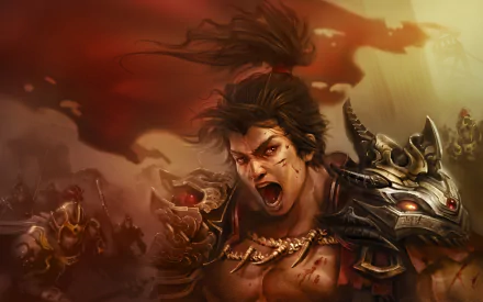 4K Ultra HD PC desktop wallpaper: a fierce Asian-inspired fantasy warrior with glowing red eyes and ornate armor, roaring into battle as shadowed soldiers advance.