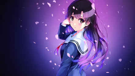 HD desktop wallpaper featuring Utaha Kasumigaoka from the anime Saekano: How to Raise a Boring Girlfriend, set against a purple background with falling cherry blossoms.