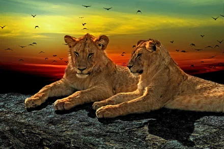 Two lions are lying down on a rocky surface with a vibrant sunset sky and birds flying in the background. HD desktop wallpaper and background.