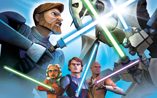 HD desktop wallpaper featuring characters from Star Wars: The Clone Wars (2008) in an action scene with lightsabers.