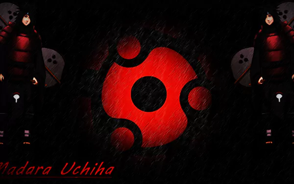 HD desktop wallpaper featuring Madara Uchiha from the anime Naruto, with the Mangekyō Sharingan symbol prominently displayed in red and black.
