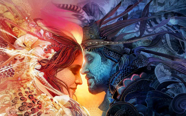 A high-definition, artistic wallpaper portraying a romantic couple in an intimate, dreamlike setting, symbolizing love and unity with vibrant colors and intricate details.