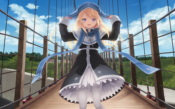 Anime HD PC desktop wallpaper of Magi in Wanchin Basilica: a blonde mage in a blue-trimmed dress stands on a sunlit suspension bridge, ribbons fluttering.