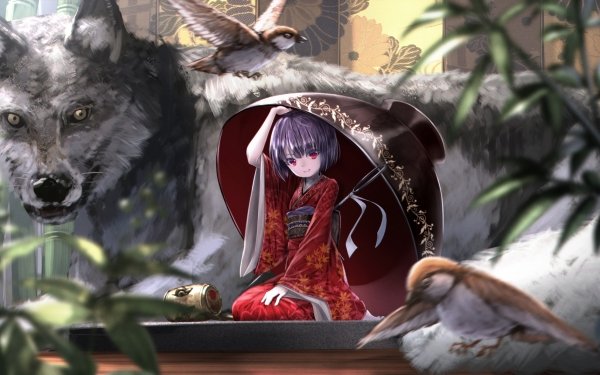 Anime Touhou Shinmyoumaru Sukuna Short Hair Wolf Red Eyes Vogel Purple Hair Orientalisch Kimono HD Wallpaper | Hintergrund