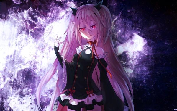 Anime character Krul Tepes from Seraph of the End with long pink hair and pink eyes, wearing a black dress, stands against a vibrant purple cosmic background.