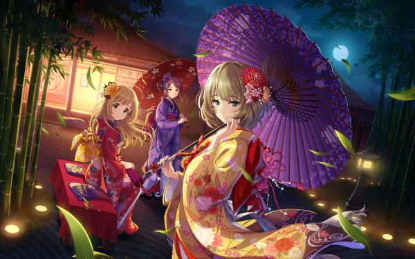 HD PC desktop wallpaper featuring Kaede Takagaki, Miyu Mifune, and Shin Sato from the anime The iDOLM@STER Cinderella Girls in a moonlit, traditional Japanese setting.