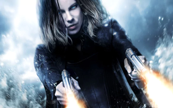 HD desktop wallpaper of Kate Beckinsale as Selene from the movie Underworld: Blood Wars, showcasing an intense action scene with dramatic lighting and effects.