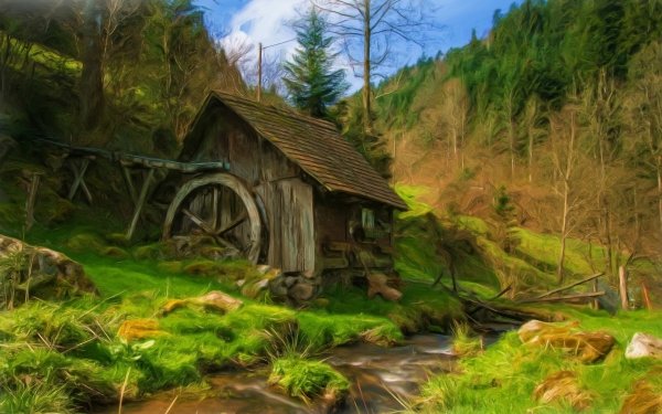 Man Made Watermill Oil Painting Painting Stream Forest Landscape HD Wallpaper | Background Image