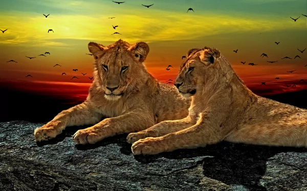 Two lions are lying down on a rocky surface with a vibrant sunset sky and birds flying in the background. HD desktop wallpaper and background.