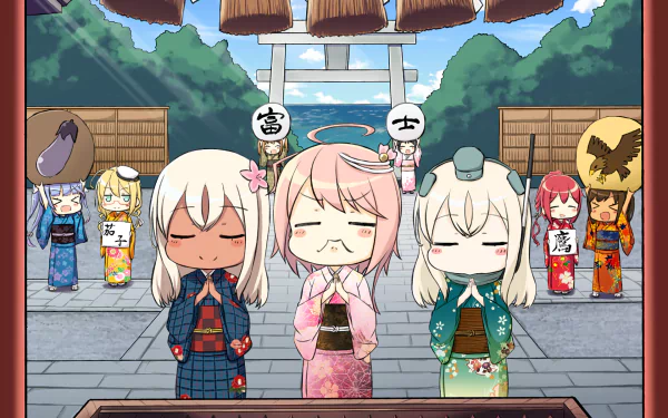 Chibi anime characters from Kantai Collection, including U-511, Ro-500, I-8, I-58, I-401, I-19, and I-168, dressed in traditional kimonos at a shrine.