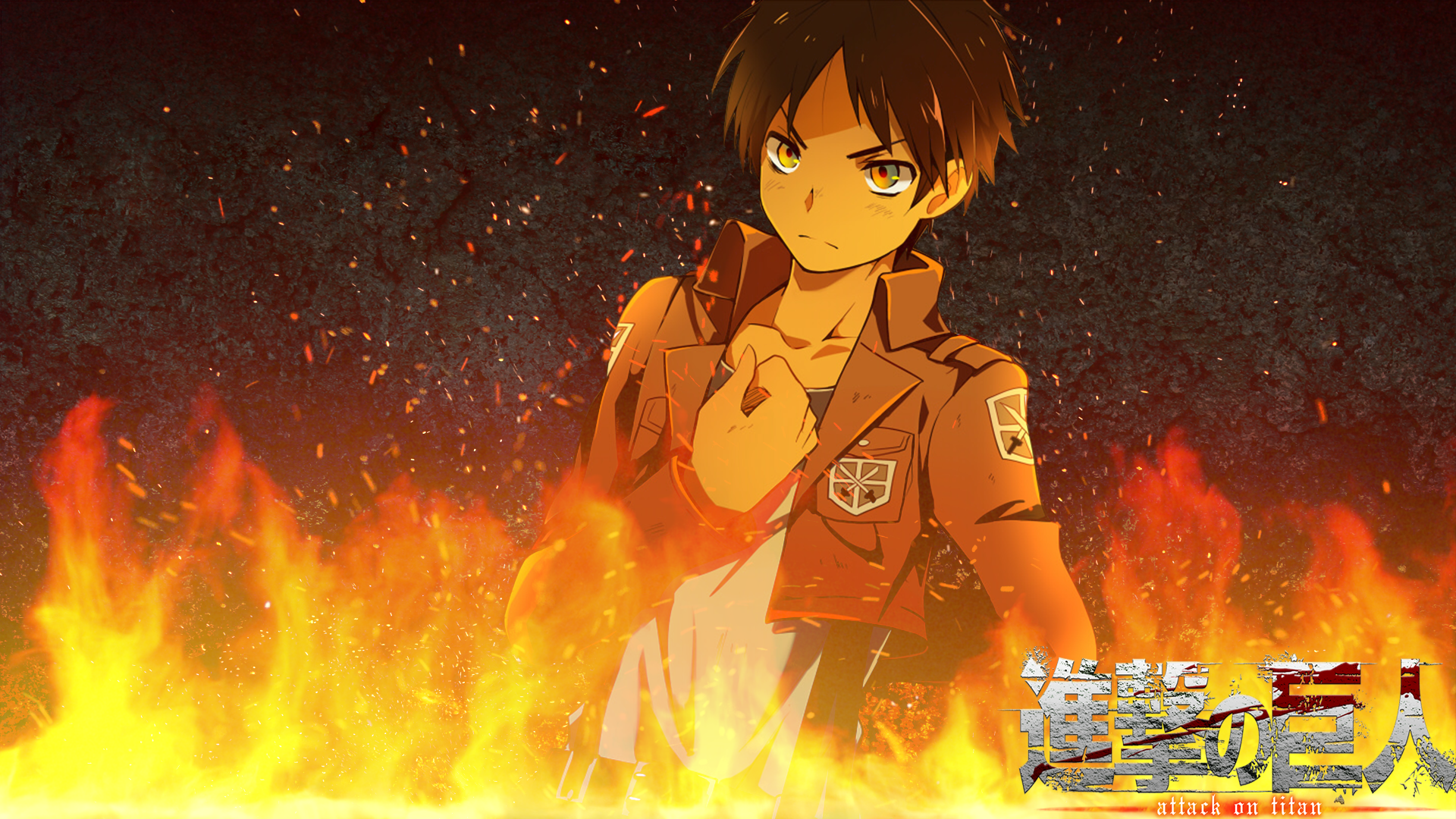 Eren Yeager from Attack on Titan in an orange-hued HD PC desktop wallpaper, standing determined amid roaring flames and embers as a dramatic anime background.