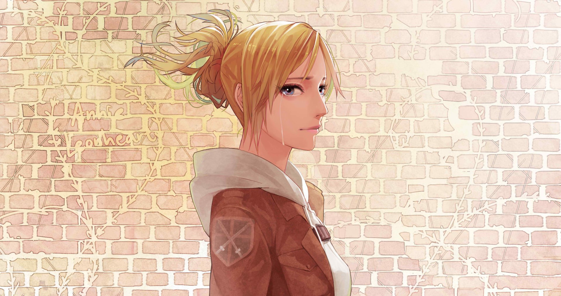 HD anime desktop wallpaper of Annie Leonhart from Attack on Titan, featuring her in a side profile against a light brick wall background.