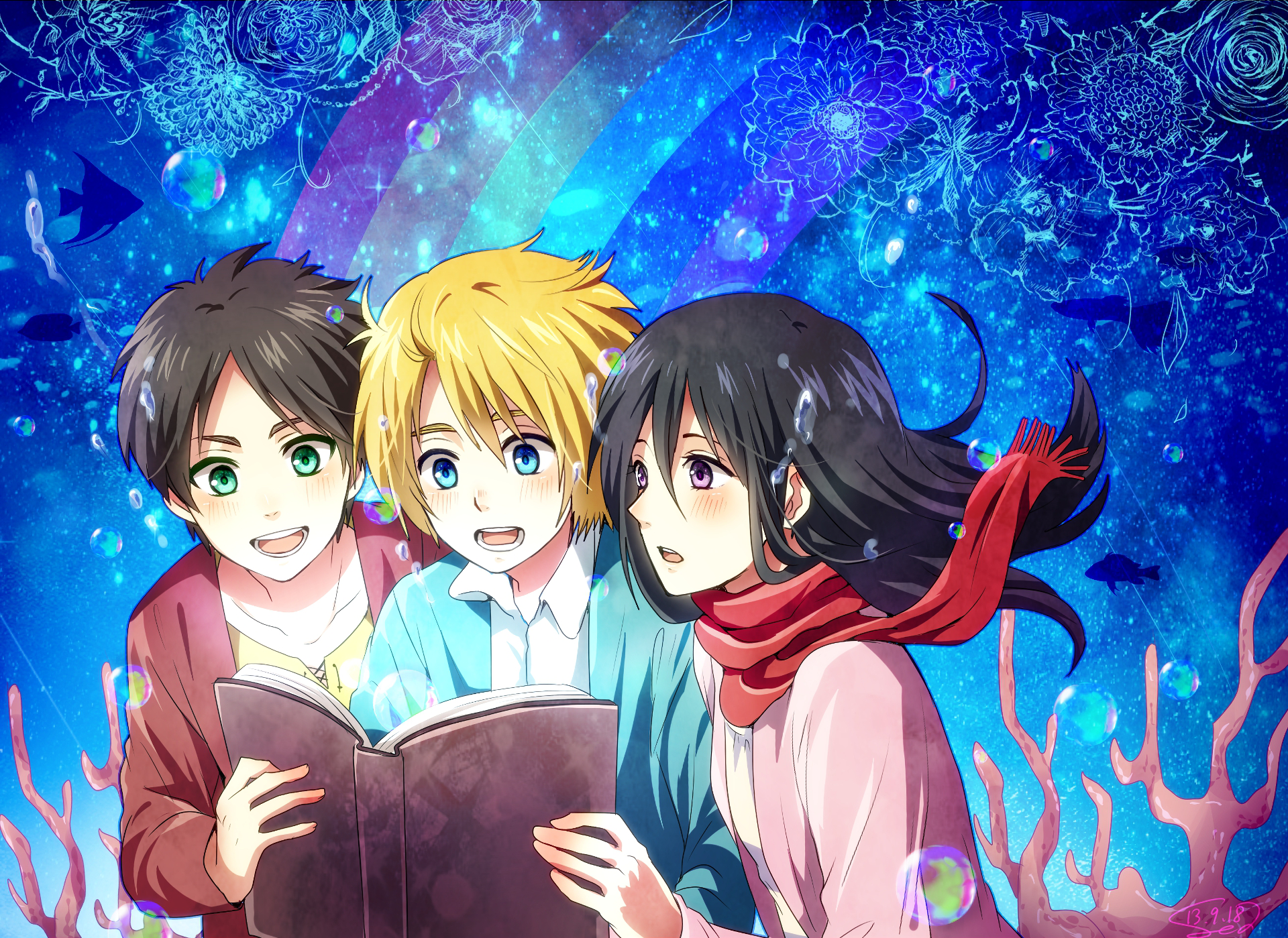 1920x1399 Armin, Eren and Mikasa reading a book Wallpaper Background Image....