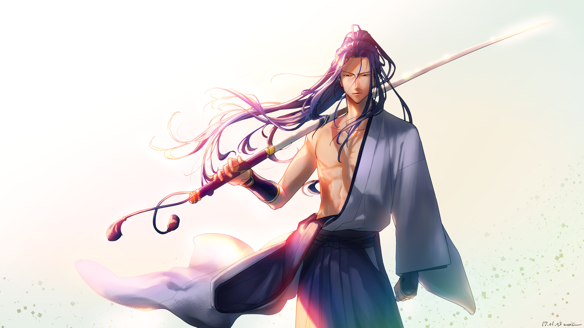 A dynamic anime character from Fate/Grand Order stands confidently holding a weapon, against a soft, luminous background. This HD wallpaper captures a striking blend of action and artistry.