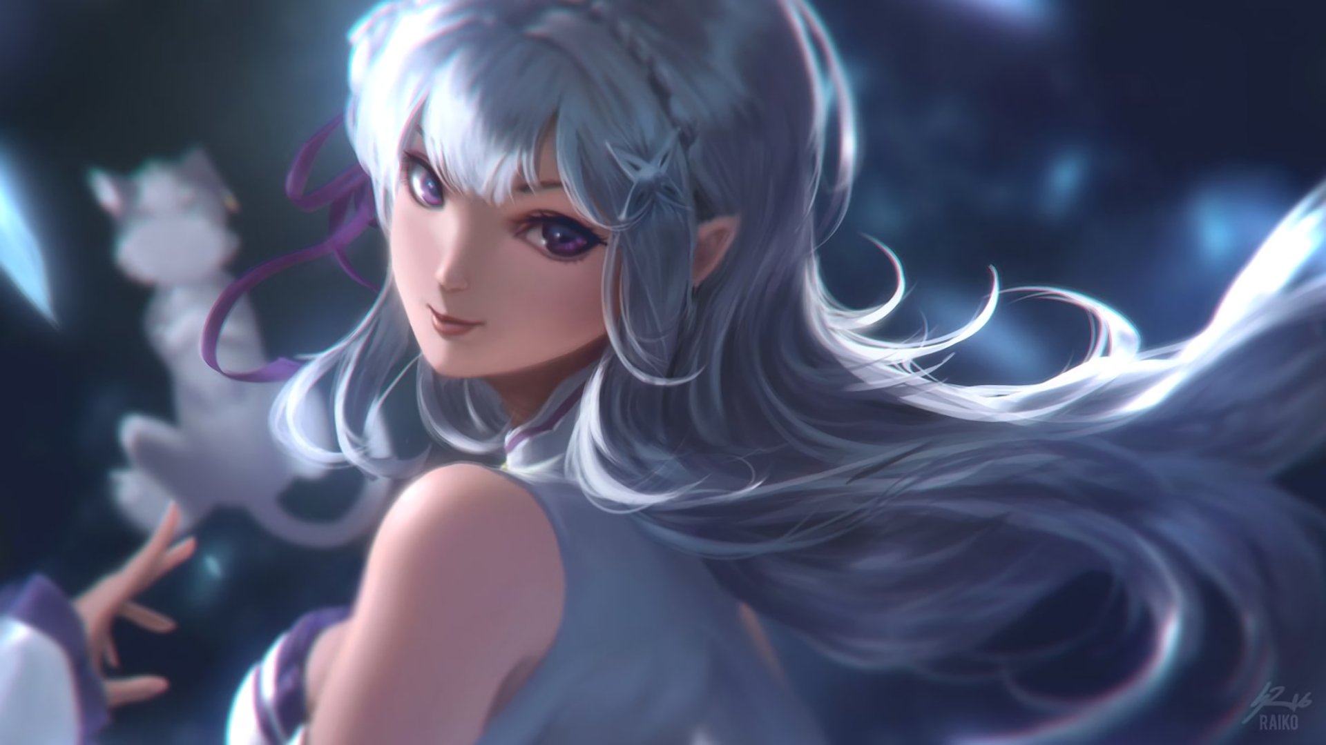 HD anime desktop wallpaper featuring Emilia from Re:Zero - Starting Life in Another World with flowing silver hair and a mystical background.