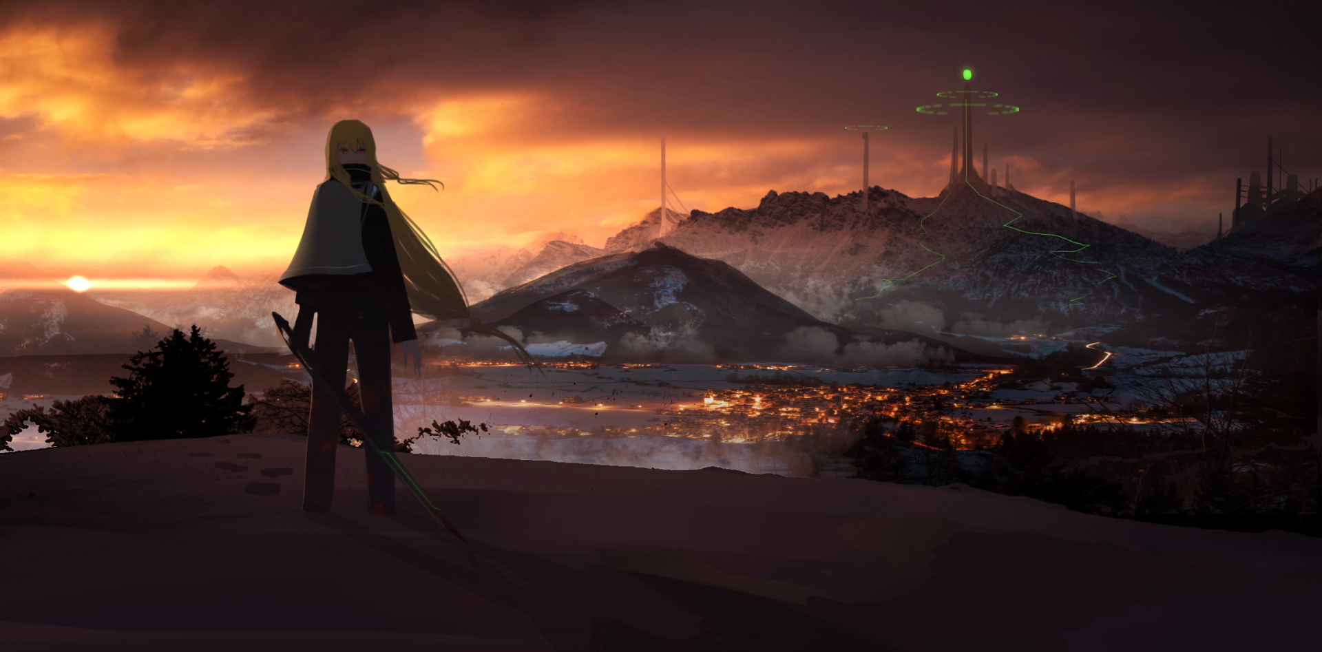 HD desktop wallpaper featuring an original anime character against a dramatic mountain landscape at sunset, with glowing city lights in the distance and futuristic towers on the horizon.