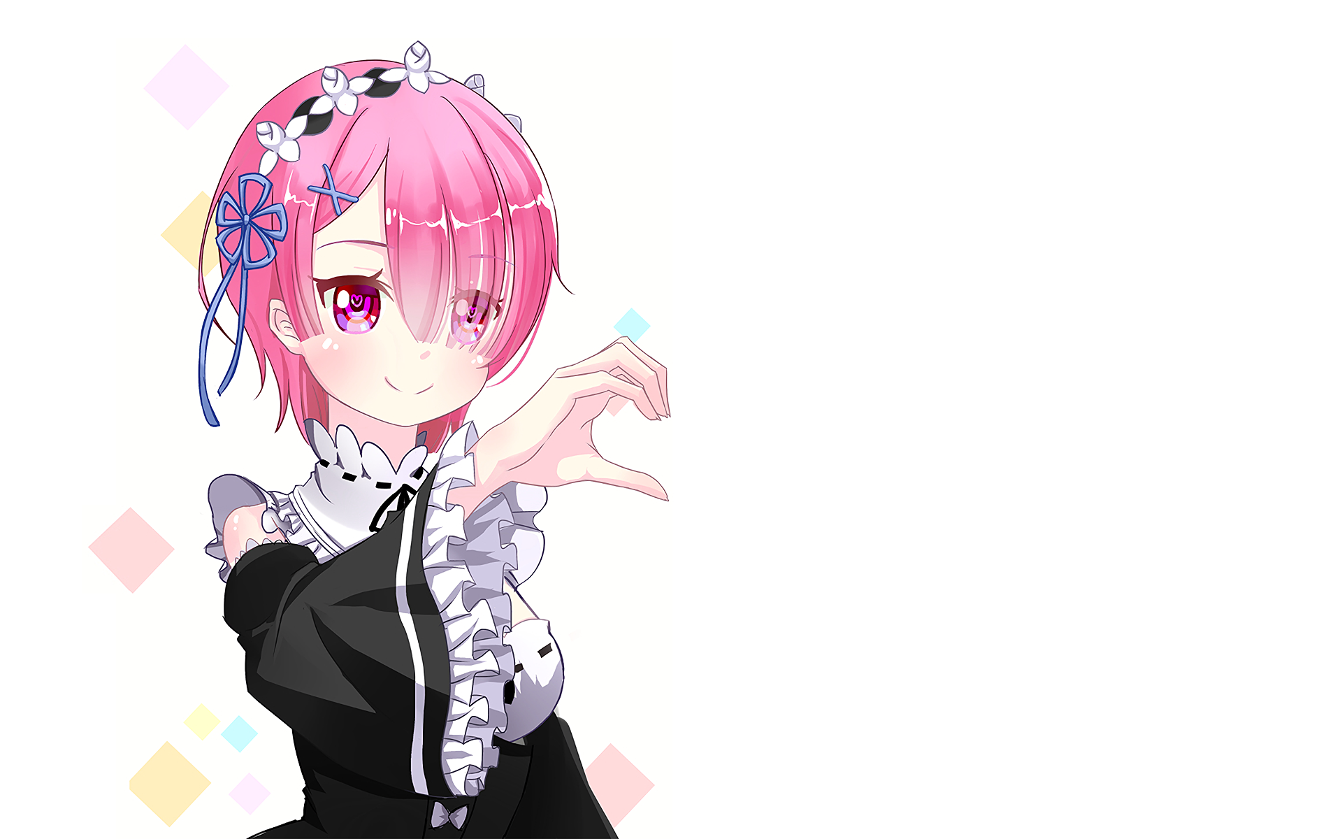 HD desktop wallpaper featuring Ram from the anime Re:Zero - Starting Life in Another World, showcasing her in a detailed maid outfit against a minimalistic background with colorful geometric shapes.