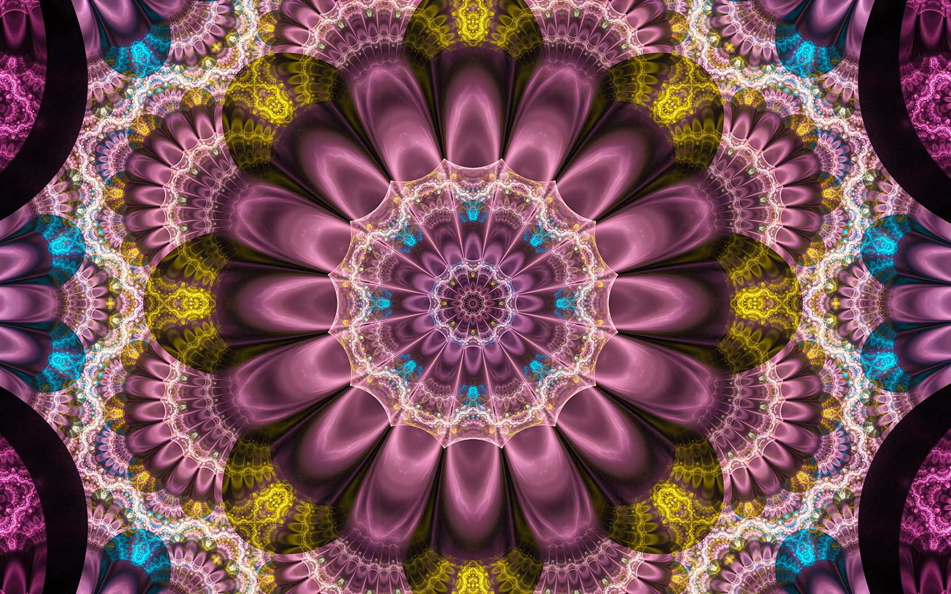 Abstract HD desktop wallpaper featuring a fractal design of a vibrant yellow and purple flower pattern.
