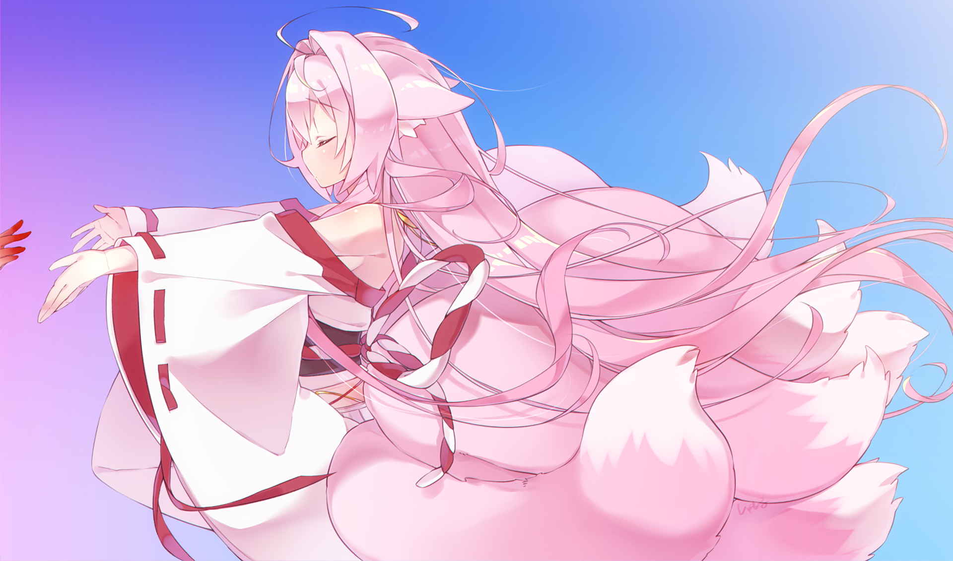 An original HD anime desktop wallpaper featuring a serene character with long, flowing pink hair, fox-like ears, and multiple tails, set against a gradient blue and purple background.