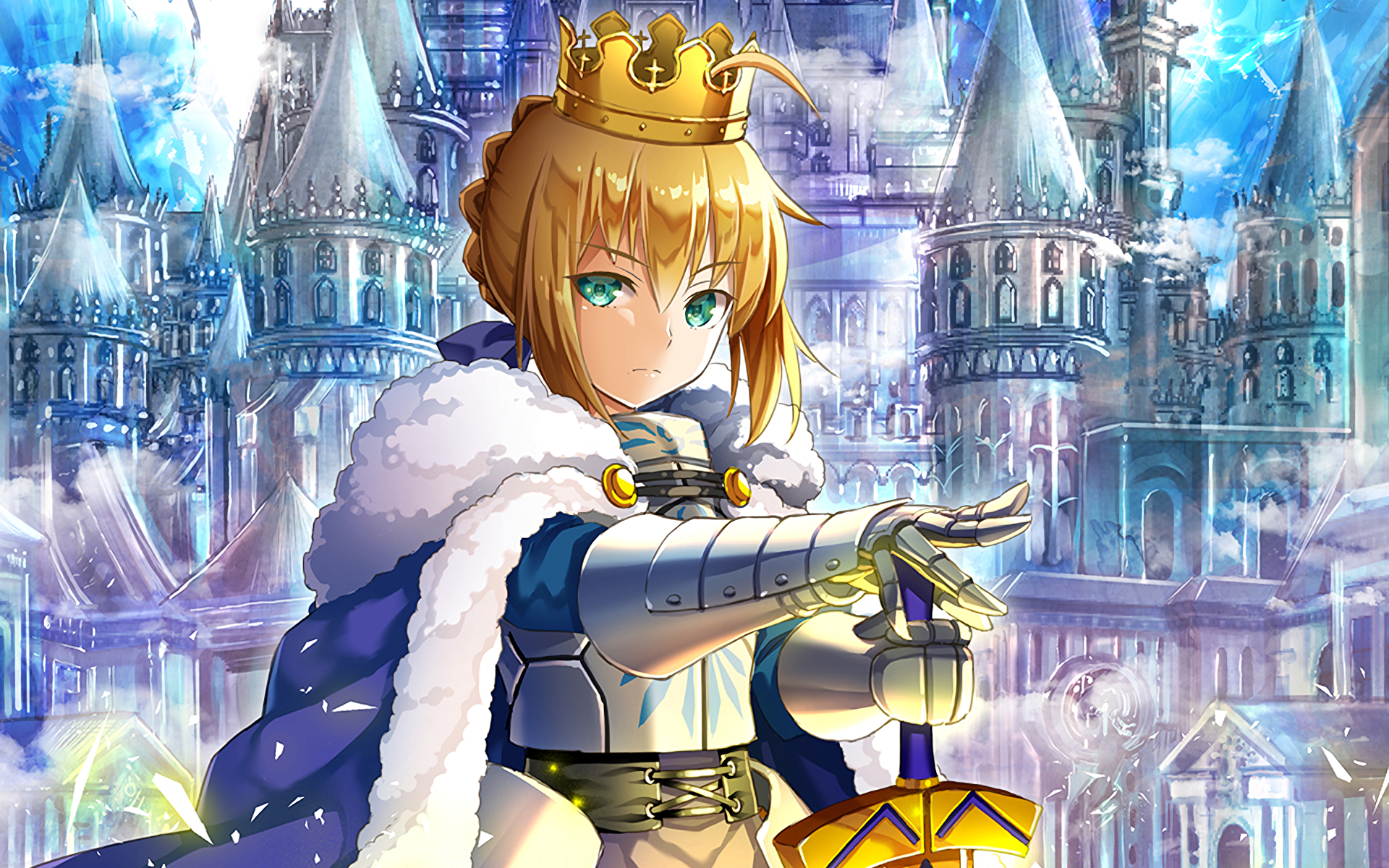 HD desktop wallpaper featuring Saber from Fate/Stay Night anime series, wearing a royal crown and armor, with a majestic castle in the background.