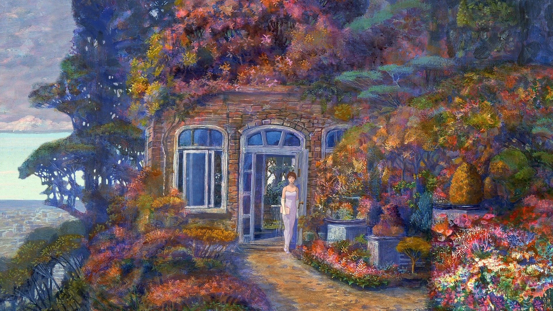 HD wallpaper of an artistic, colorful house painting depicting a serene garden with vibrant flowers and a person standing at the doorway.